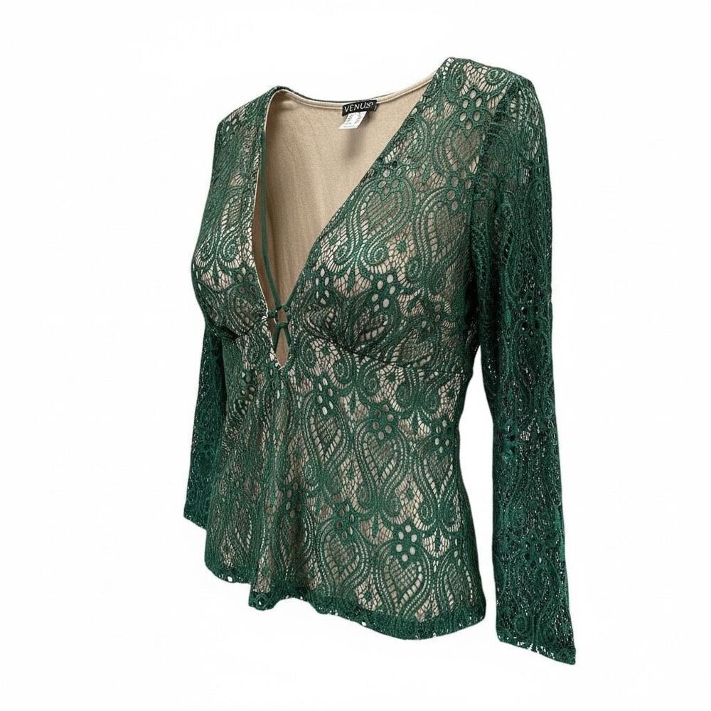 Venus Emerald Green Open Knit Lace Long Sleeve Top Boho Y2K Nude Lined Deep V